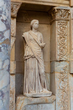 Statue of Sophia on facade of Library of Celsus in Ephesus, Turkeyの写真素材