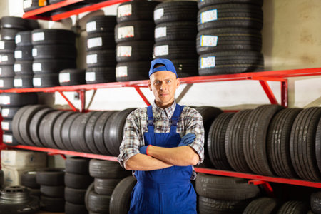 Serious auto mechanic on background of car tires in tire service