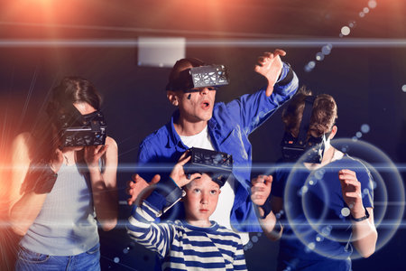 Emotional family having fun with vr headset goggles
