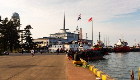 Batumi coastal boulevard with building of passenger terminal of Seaport