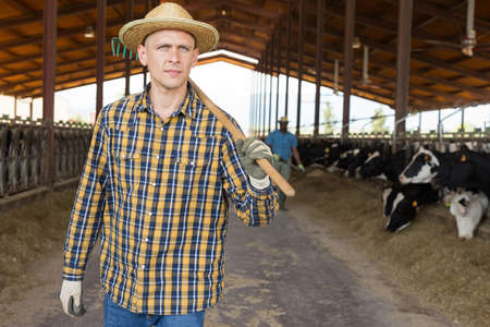 Male farmer posing at cowshed on farmの写真素材