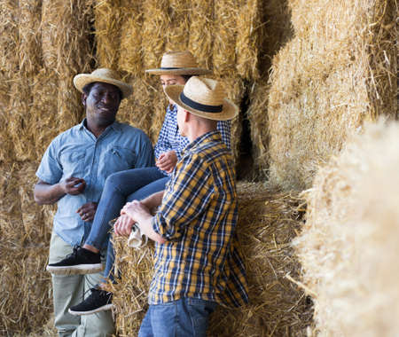 Farm workers friendly chatting near haystack in hayloftの写真素材