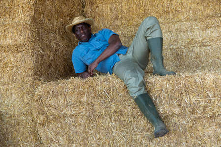 African american farm owner posing in the barn against backdrop of hay balesの写真素材