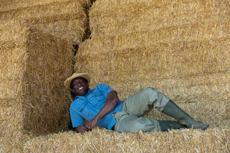 Cheerful african american farm worker lying on haystackの写真素材