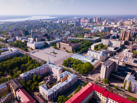 Aerial view of city center of Voronezh with Lenin Squareの写真素材