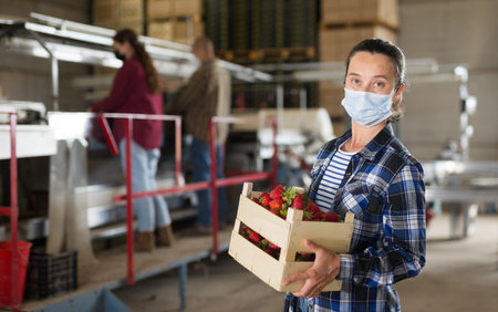 Female farmer in protective mask standing with crate of strawberries at farm warehouse