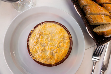 Popular dish of Catalan cuisine - Canelons, cylindrical type of lasagna stuffed with meat baked with...