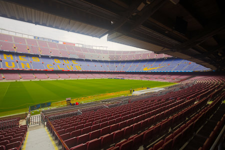 BARCELONA, SPAIN - MAY 23, 2021: View at field of football Nou Camp stadiumのeditorial素材