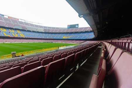 BARCELONA, SPAIN - MAY 23, 2021: View at field of football Nou Camp stadiumのeditorial素材
