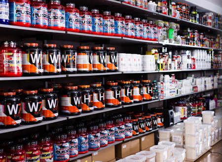 Shelves with sports nutrition in shop of Barcelonaのeditorial素材