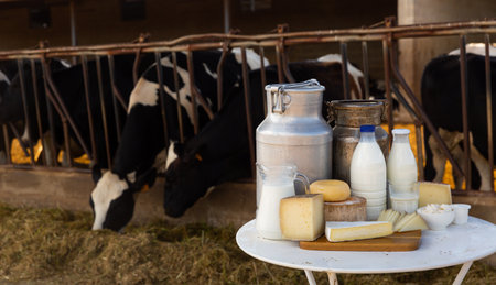 Fresh natural farm dairy products on table in cowshedの写真素材