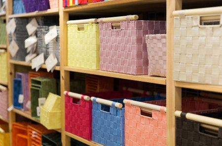 Storage boxes and baskets in home furnishings storeの写真素材