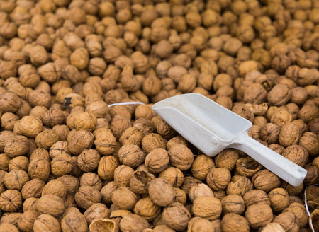 Whole walnuts displayed for sale