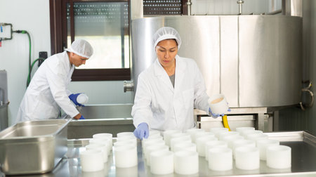 Woman wearing uniform showing cottage cheese production process on factory
