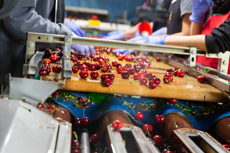 Manual sorting of cherries on conveyor belt