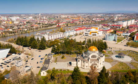 Aerial view of Poti cityscape with Orthodox Cathedral, Georgiaの写真素材