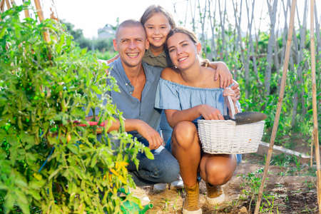 Portrait of daughter and parents with watering cans in summer gardenの写真素材