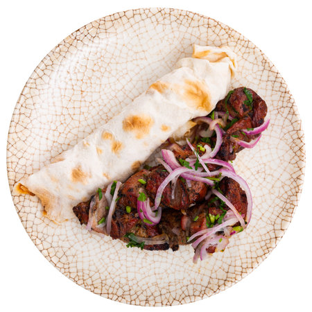 Grilled pork meat shashlik with marinated onionの写真素材