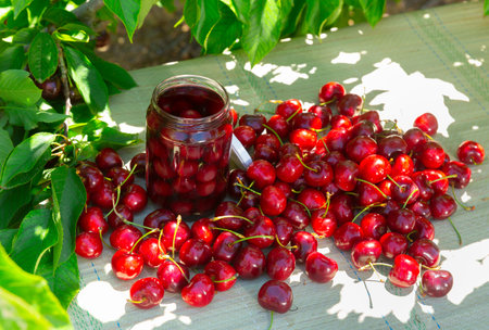 Harvested and preserved sweet cherry in garden