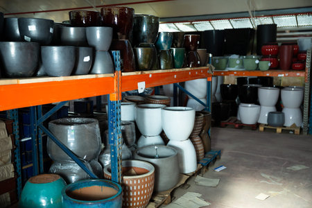 Clay pots and flower vases on racks in store