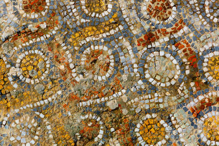Antique mosaic on floor, destroyed buildings. Detail of geometric mosaic. Turkeyの写真素材