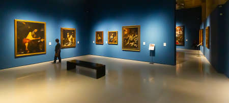Hall of National Art Museum of Catalonia with visitors contemplating paintingsのeditorial素材