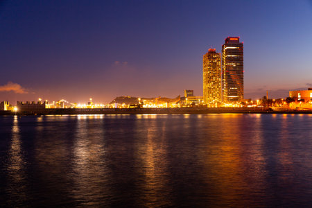 Evening view of Barcelona from Mediterranean seaのeditorial素材