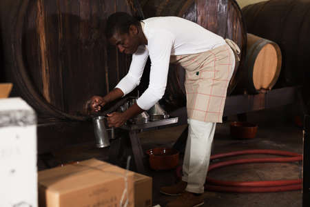 male winemaker pouring wine to cupの写真素材