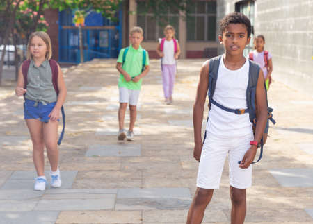 Portrait of smiling schoolboy walking on street, kids on backgroundの写真素材