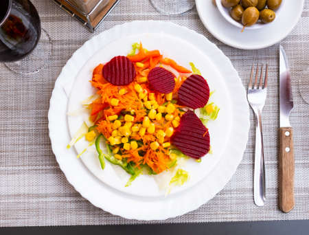 Vegetable salad - corn, carrots and beetsの写真素材