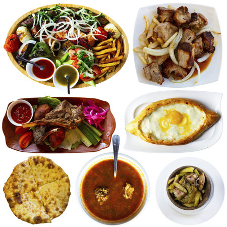 Traditional Georgian dishes over white backgorund