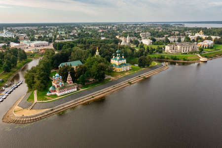 Drone view of the Volga River and temples, as well as residential areas in the city of Uglichの写真素材