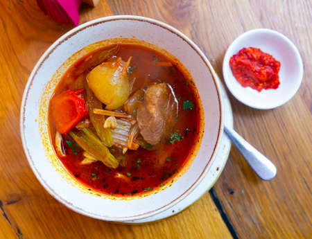 National dish Uyghur laghman on wooden tableの写真素材