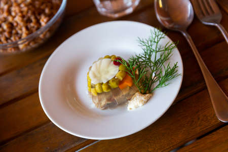 Meat galantine with vegetables, popular russian dishの写真素材