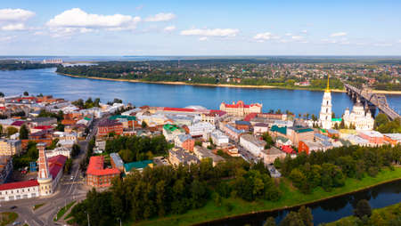 Drone view of the city of Rybinsk with the bridge over the Volga Riverの写真素材