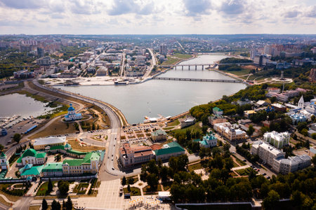 Aerial view of Cheboksary on Volga overlooking Holy Trinity Monastery and Assumption Church, Russiaの写真素材