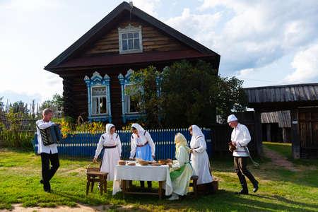 Employees of outdoor Mari Ethnographic Museum in Kozmodemyansk showing theatrical performanceのeditorial素材