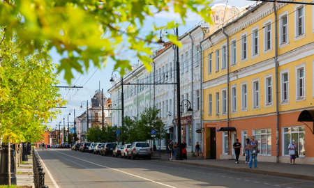Rybinsk, Russia - August 20, 2021: Provincial cityscape with people walking through Krestovaya street in summer day. Rybinsk cityのeditorial素材