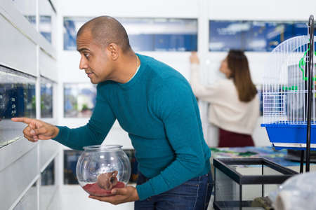 Portrait of interested man looking at colorful tropical fish in aquariums in pet shopの写真素材