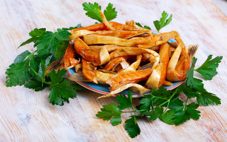 Appetizing slices of smoked salmon belly, nobodyの写真素材