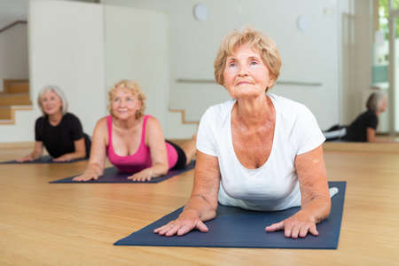 Group of elderly women performs an exercise in the dog pose face upの写真素材