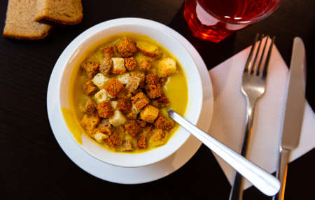 Vegetable soup puree served with crispy croutonsの写真素材