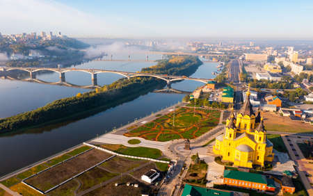 Aerial view of cathedral of St. Alexander Nevsky early morning. Nizhny Novgorodの写真素材