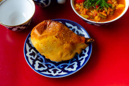 Popular Central Asian baked dish Samsa with lambの写真素材