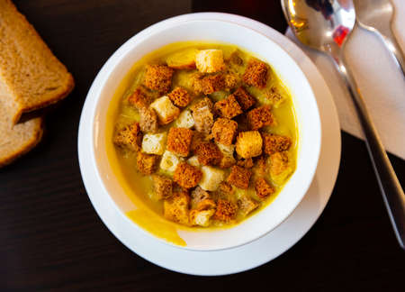 Vegetable soup puree served with crispy croutonsの写真素材