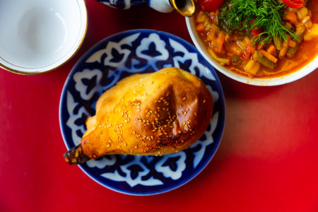 Popular Central Asian baked dish Samsa with lambの写真素材