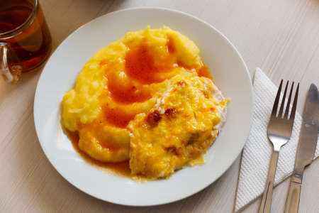 Popular dish of Russian cuisine chicken fillet with mushrooms with mashed potatoesの写真素材