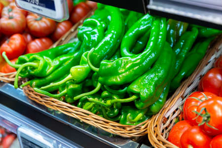 Green hot chili pepper, put up for saleの写真素材