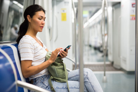Woman with smartphone sitting in subway train