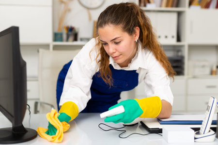 Young friendly cleaning woman in work uniform